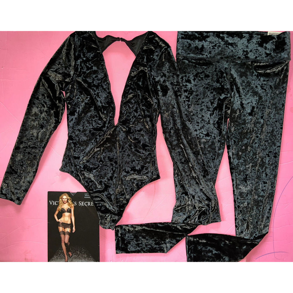 Victoria's Secret XS/S TEDDY+S LEGGINGS+thigh-highs crushed velvet velour BLACK